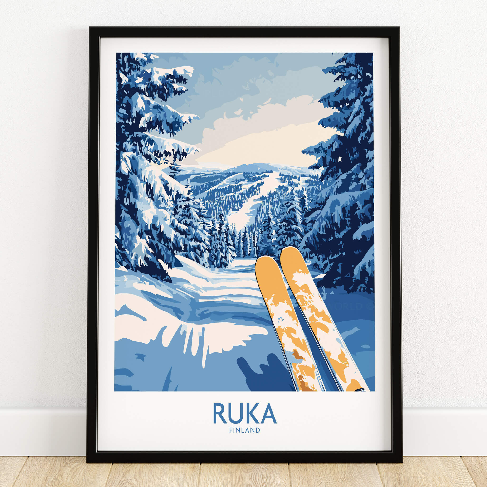 Ruka Ski Trail Print - Finland Slopes Poster, Snow-Covered Forest Wall Art showcasing a winter landscape.