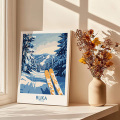Ruka Ski Trail Print - Finland Slopes Poster, Snow-Covered Forest Wall Art displayed in a bright room with a vase.