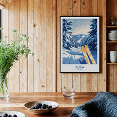 Ruka Ski Trail Print - Finland Slopes Poster, Snow-Covered Forest Wall Art displayed in a cozy indoor setting.