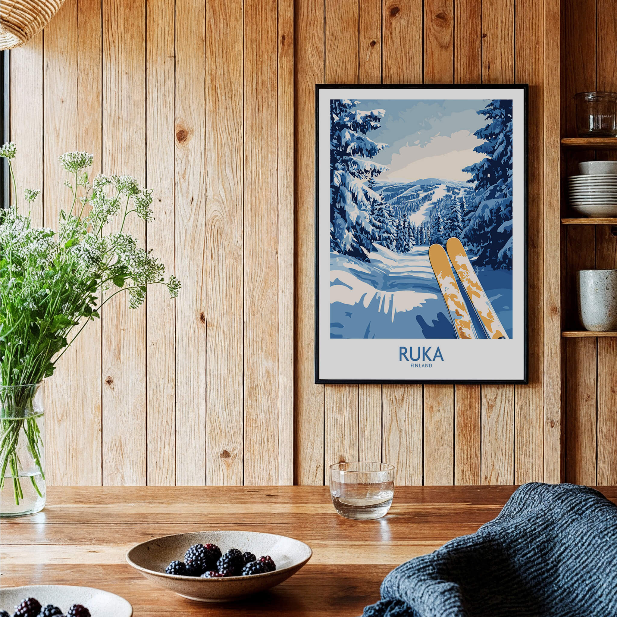 Ruka Ski Trail Print - Finland Slopes Poster, Snow-Covered Forest Wall Art displayed in a cozy indoor setting.