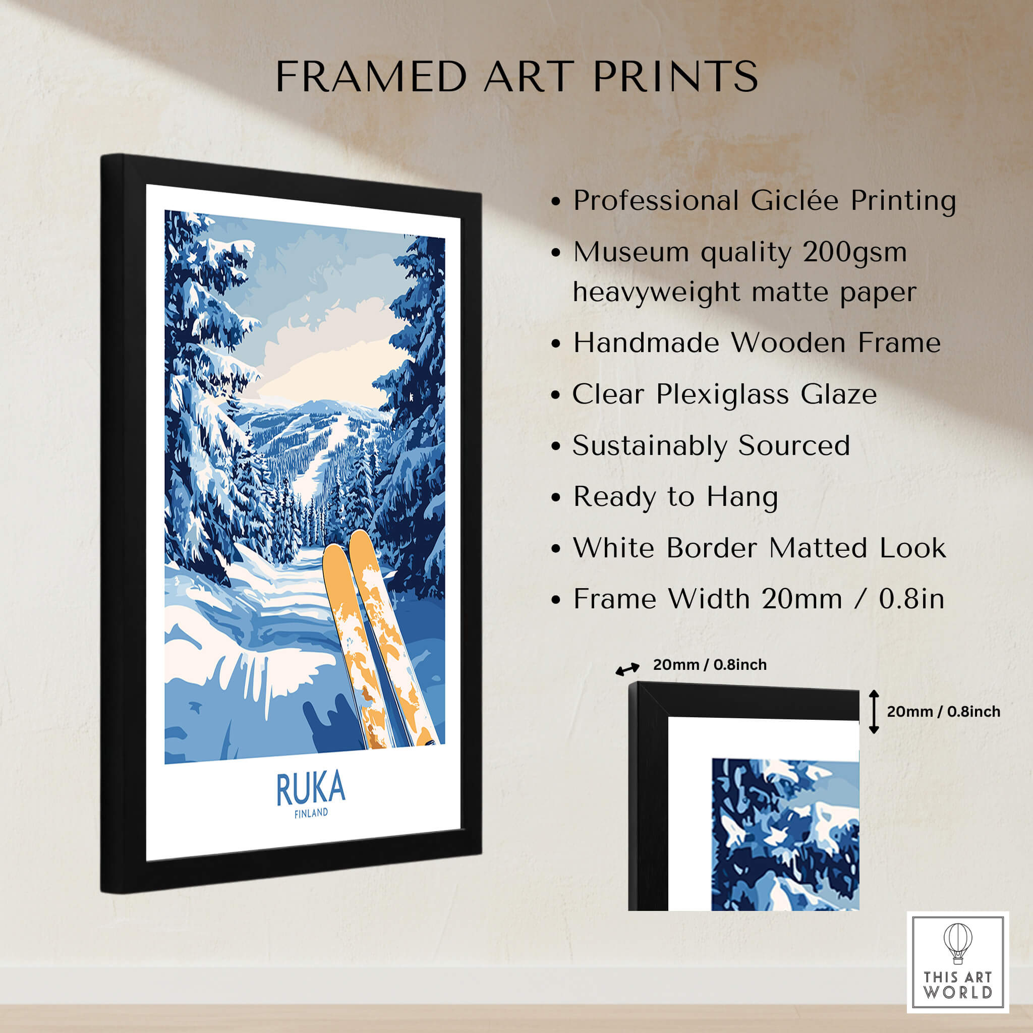 Ruka Ski Trail Print - Finland Slopes Poster, Snow-Covered Forest Wall Art in a framed design.