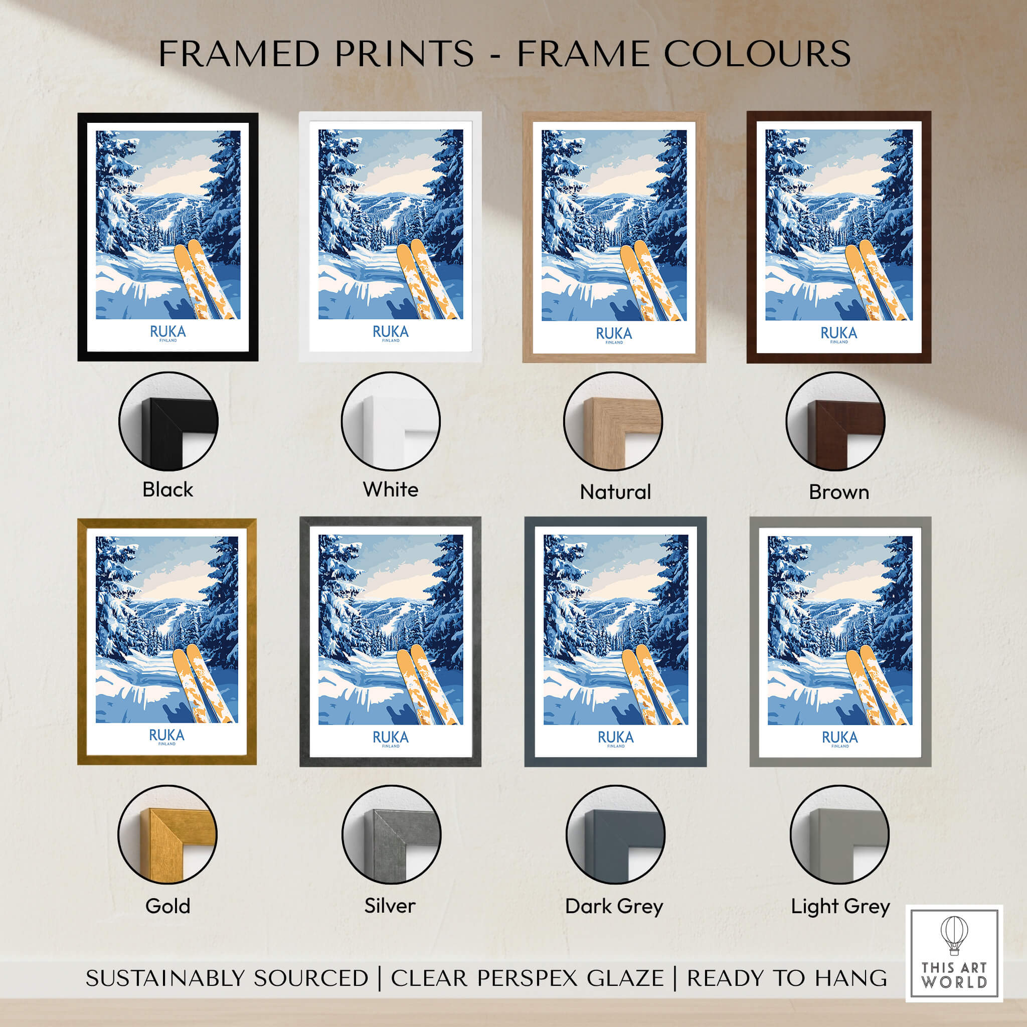 Ruka Ski Trail Print - Finland Slopes Poster, Snow-Covered Forest Wall Art framed print color options