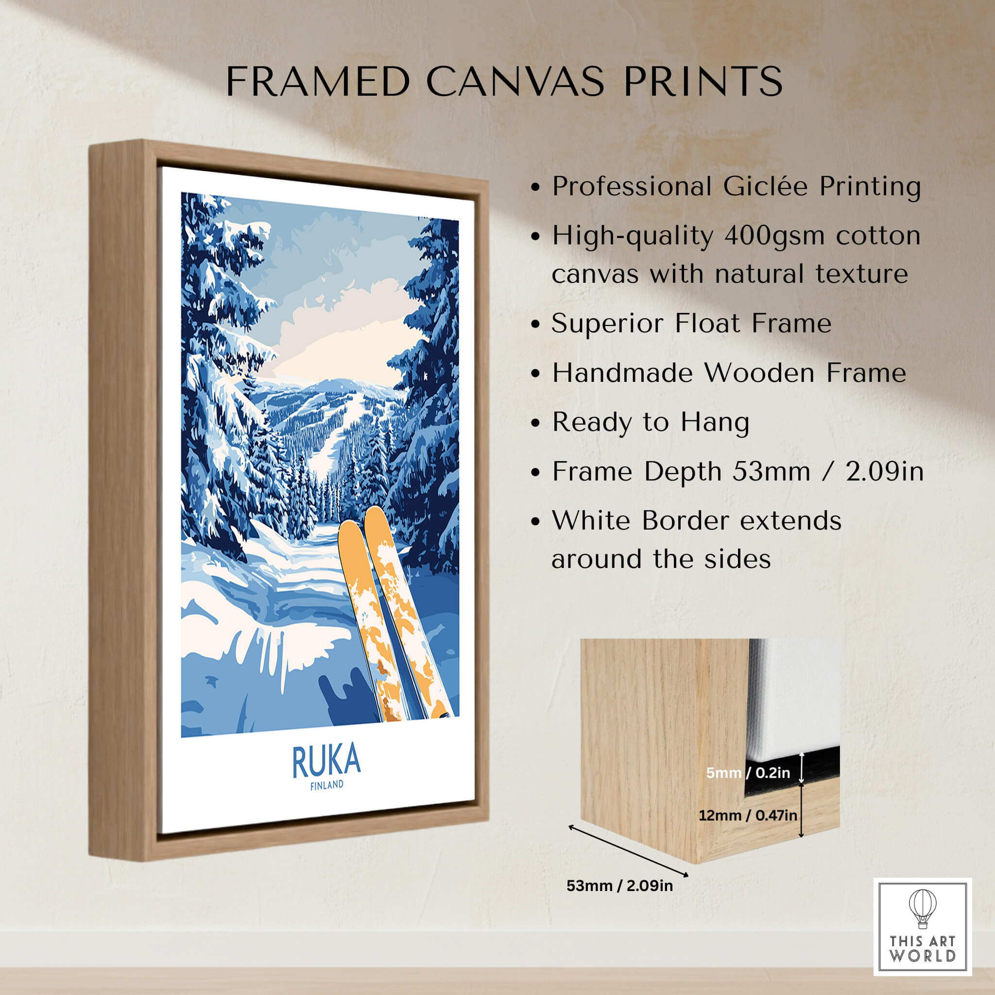 Ruka Ski Trail Print - Finland Slopes Poster, Snow-Covered Forest Wall Art in a framed canvas print.
