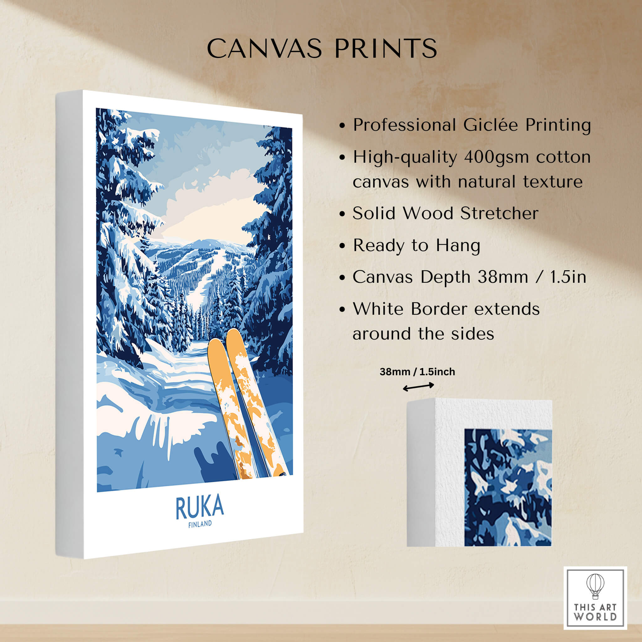 Ruka Ski Trail Print - Finland Slopes Poster, Snow-Covered Forest Wall Art on canvas