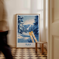 Ruka Ski Trail Print - Finland Slopes Poster, Snow-Covered Forest Wall Art displayed in a cozy interior setting.