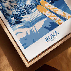 Ruka Ski Trail Print - Finland Slopes Poster, Snow-Covered Forest Wall Art featuring ski design in snowy landscape.