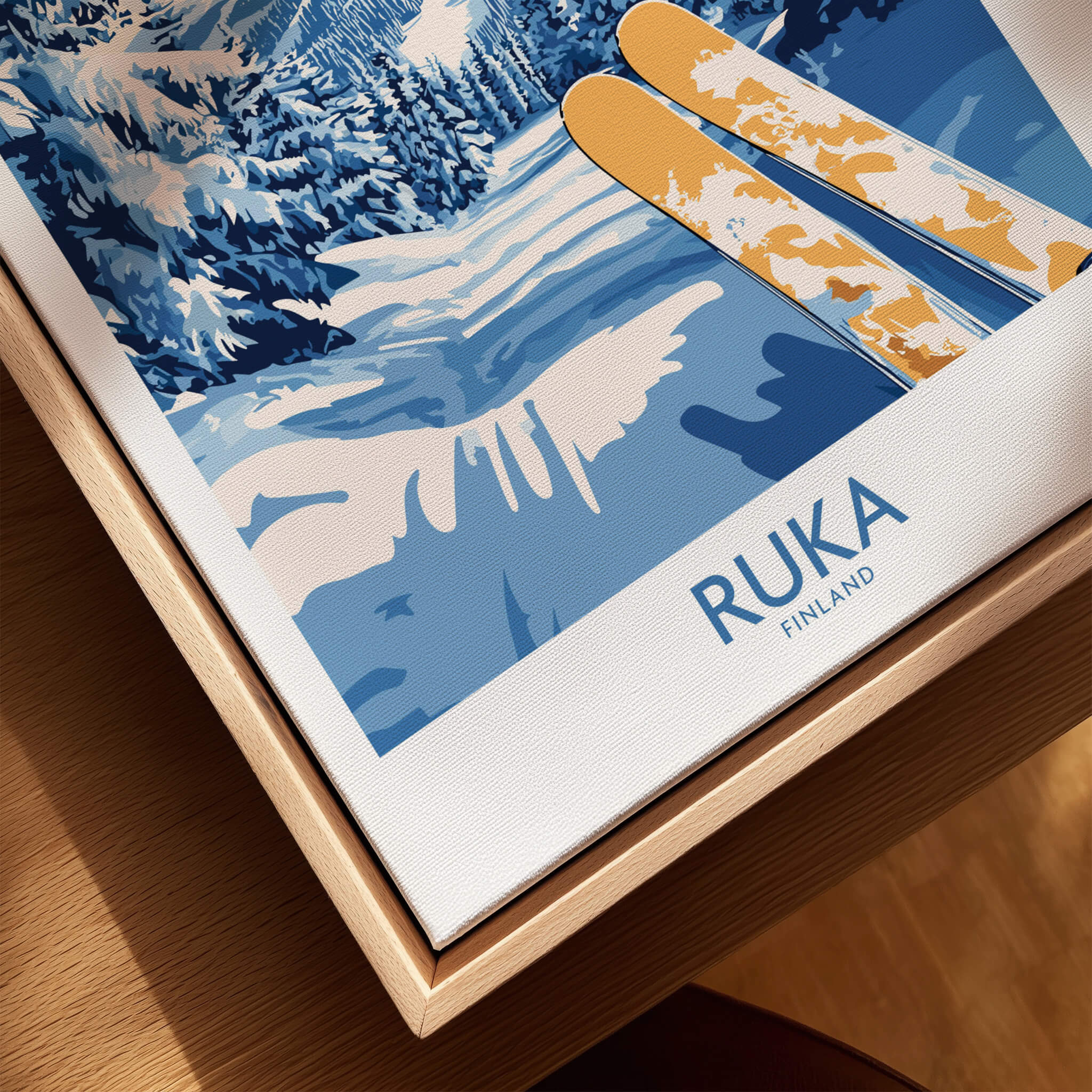 Ruka Ski Trail Print - Finland Slopes Poster, Snow-Covered Forest Wall Art featuring ski design in snowy landscape.