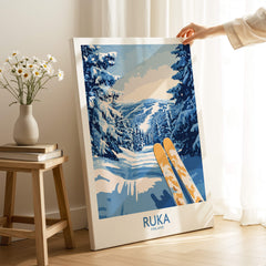 Ruka Ski Trail Print - Finland Slopes Poster, Snow-Covered Forest Wall Art featuring skis in a snowy landscape.