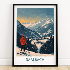 Saalbach Ski Print -  Austria showcasing a skier overlooking snowy mountains and valleys in Austria.