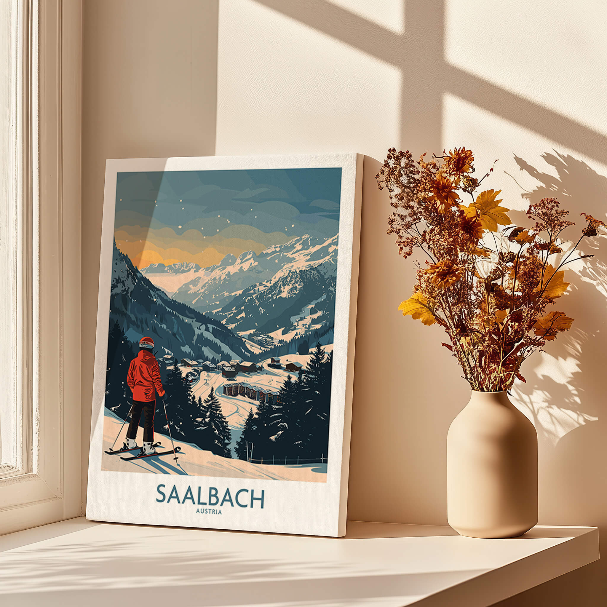 Saalbach Ski Print - Austria featuring a skier overlooking picturesque mountains and a vase of flowers.