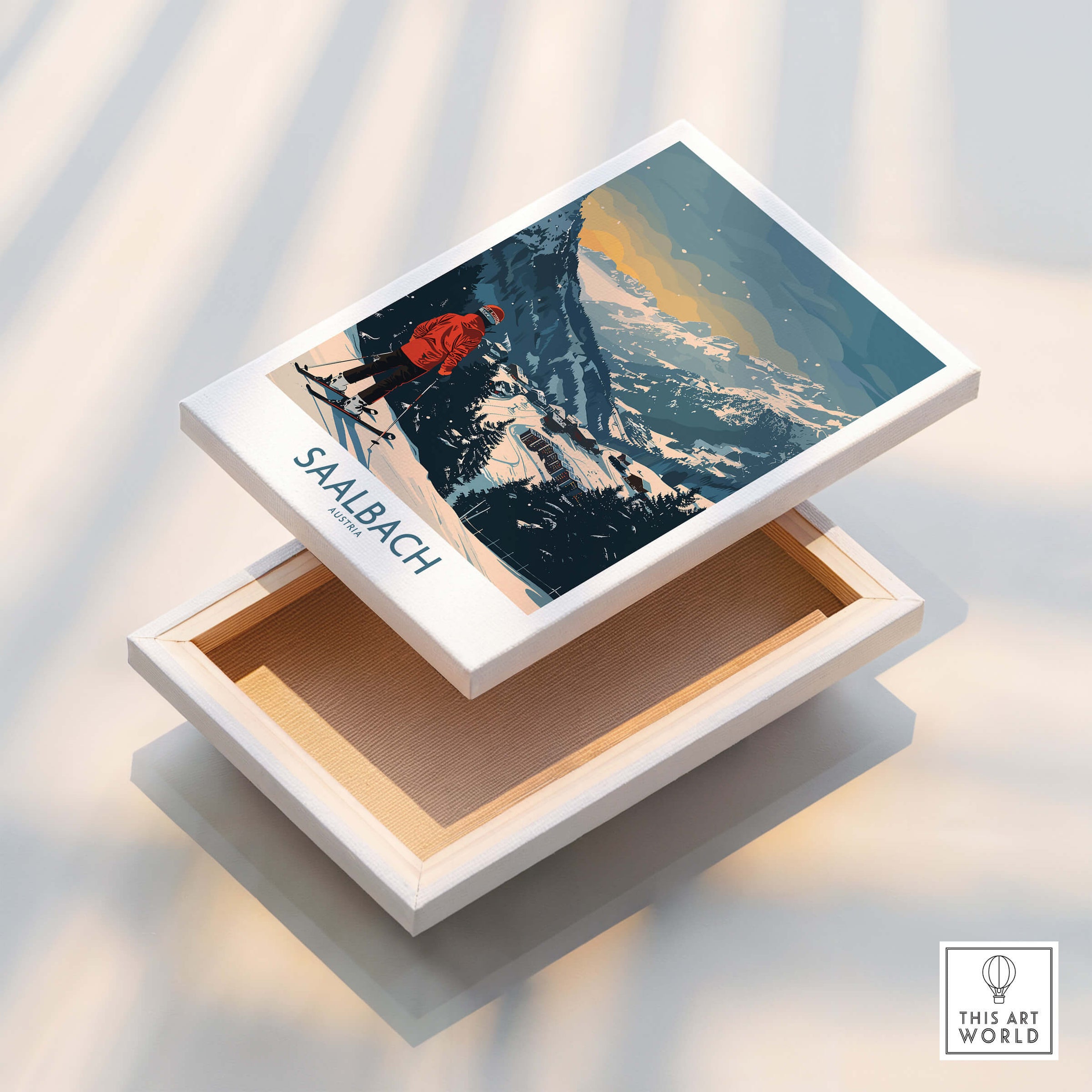 Saalbach Ski Print -  Austria displayed on a wooden box, showcasing the beauty of skiing in Saalbach, Austria.