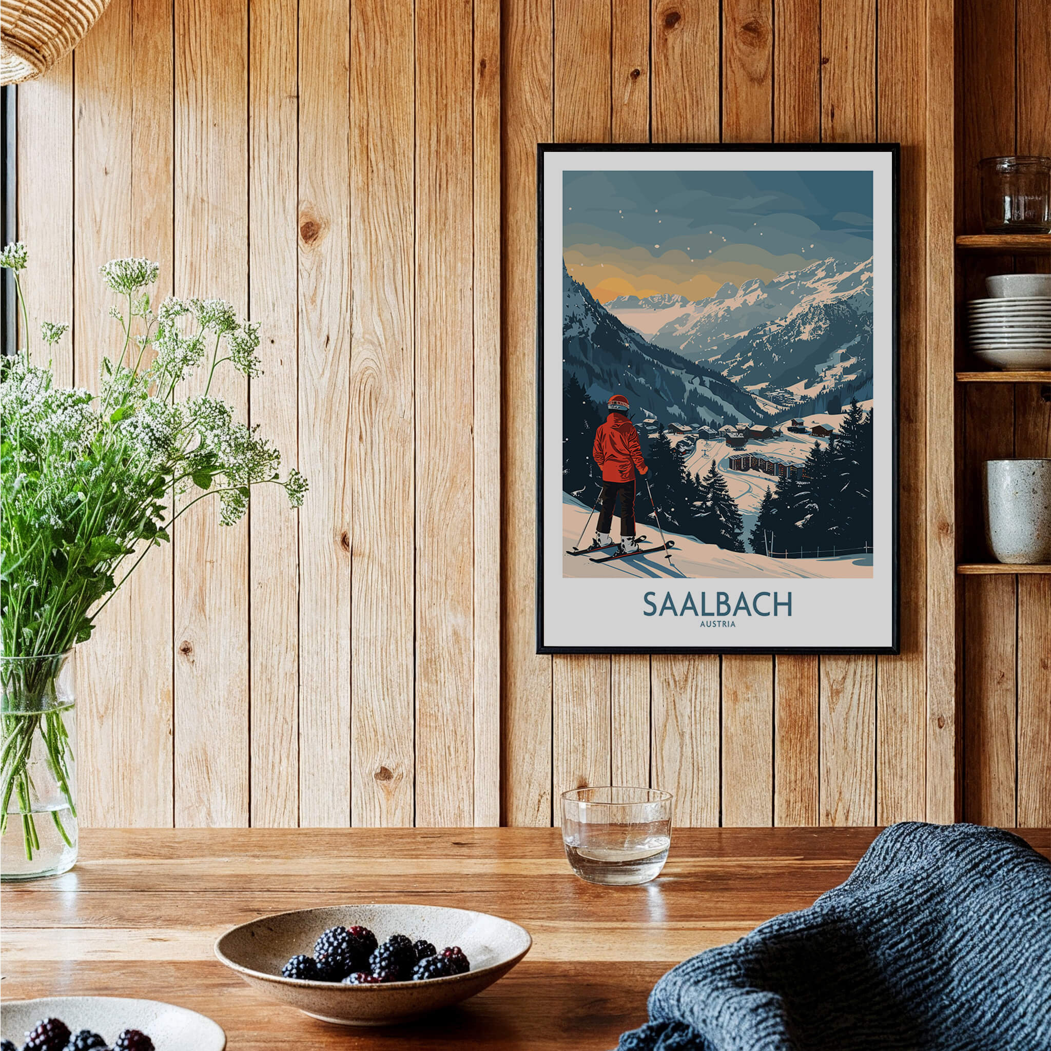 Saalbach Ski Print - Austria artwork showcasing skiing in the breathtaking Austrian mountains.