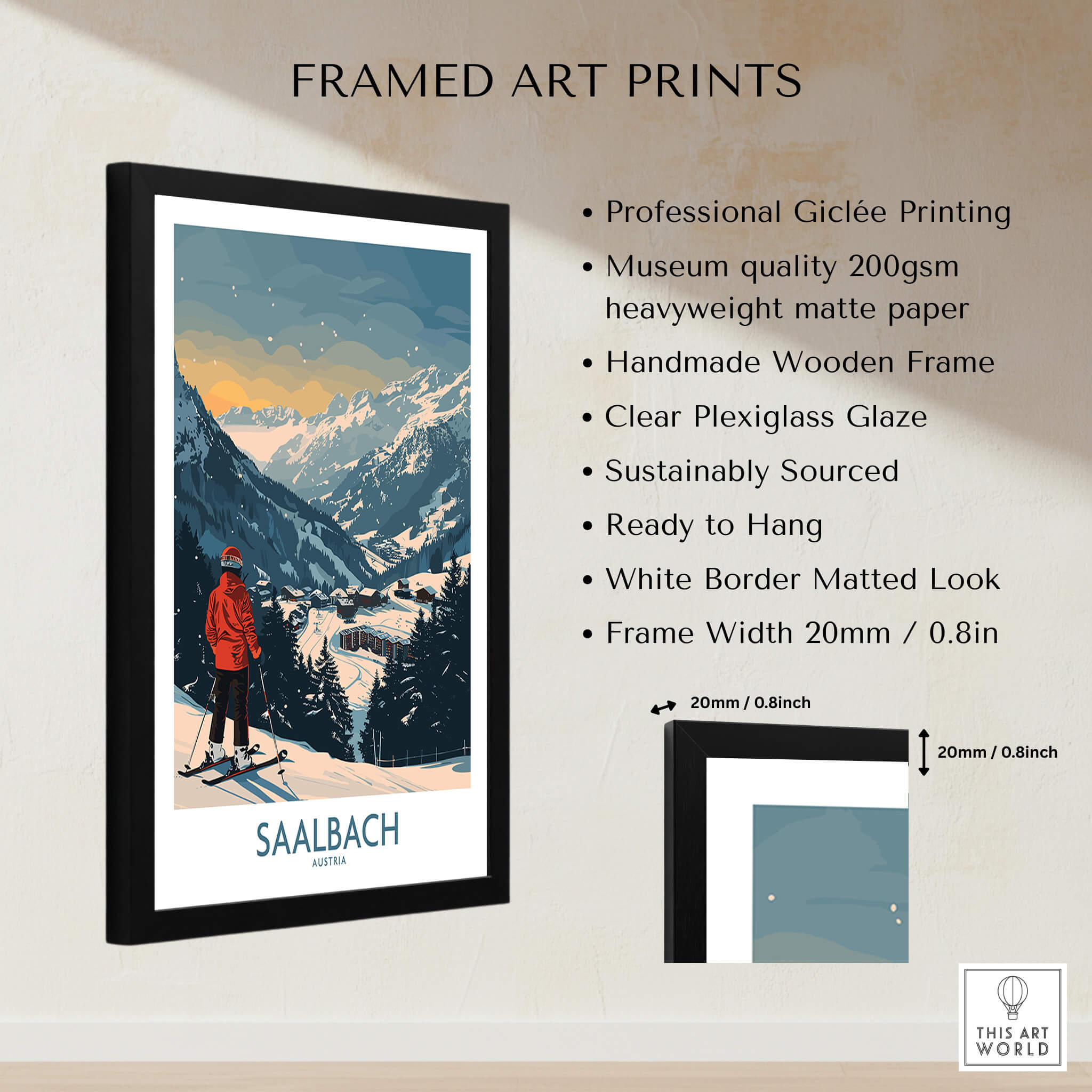Saalbach Ski Print - Austria framed art print featuring mountains and a skier