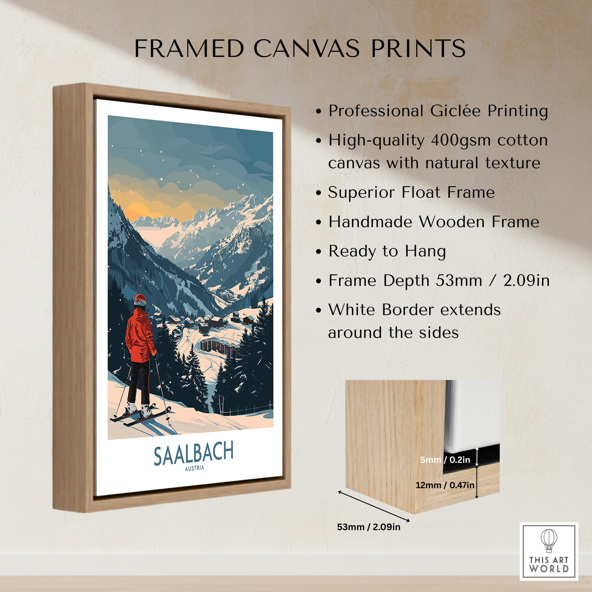 Saalbach Ski Print - Austria framed canvas print showcasing stunning mountain scenery and a skier.