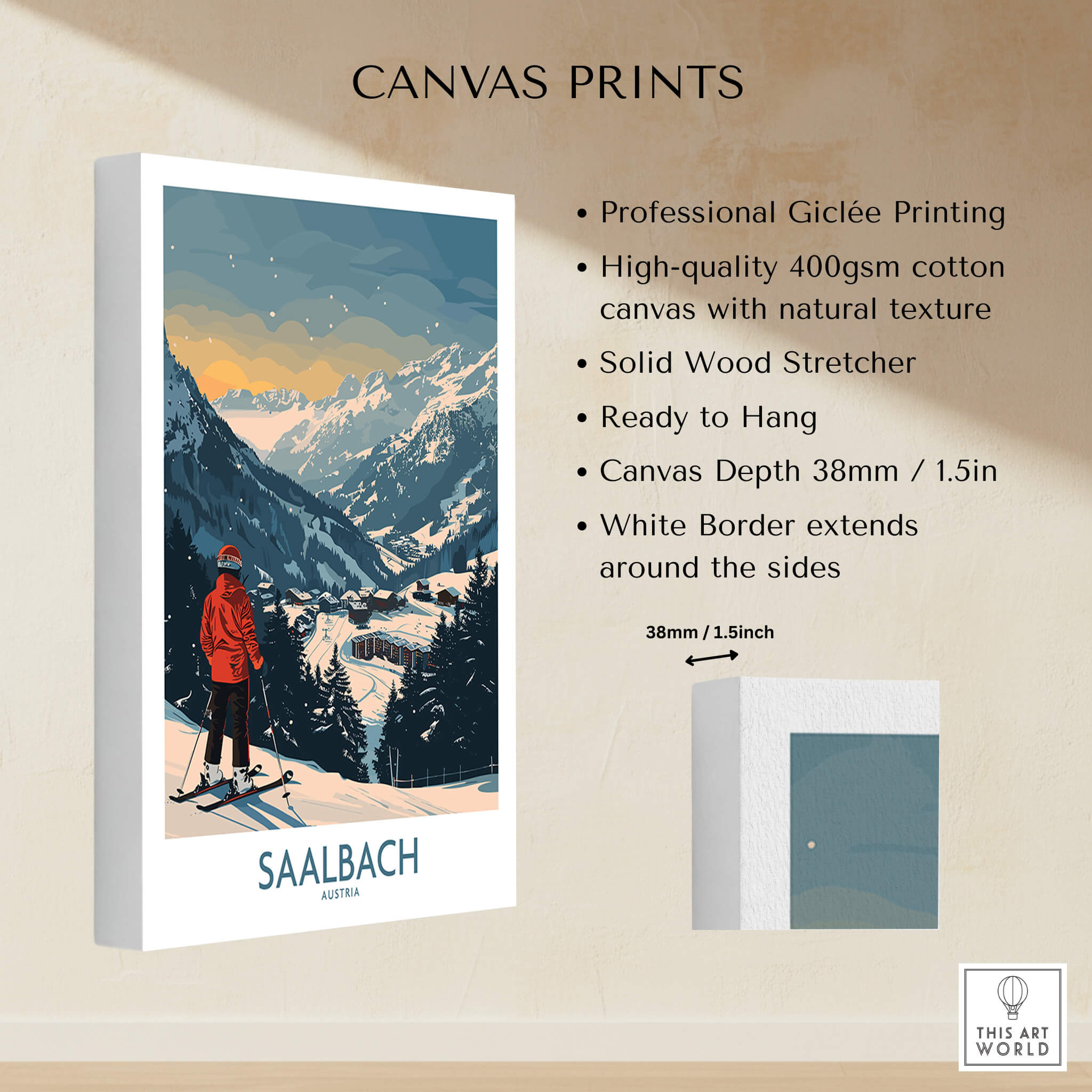 Saalbach Ski Print - Austria with professional Giclée printing on high-quality cotton canvas.