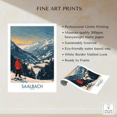 Saalbach Ski Print - Austria artwork featuring picturesque mountains and skier, perfect for adventure lovers.