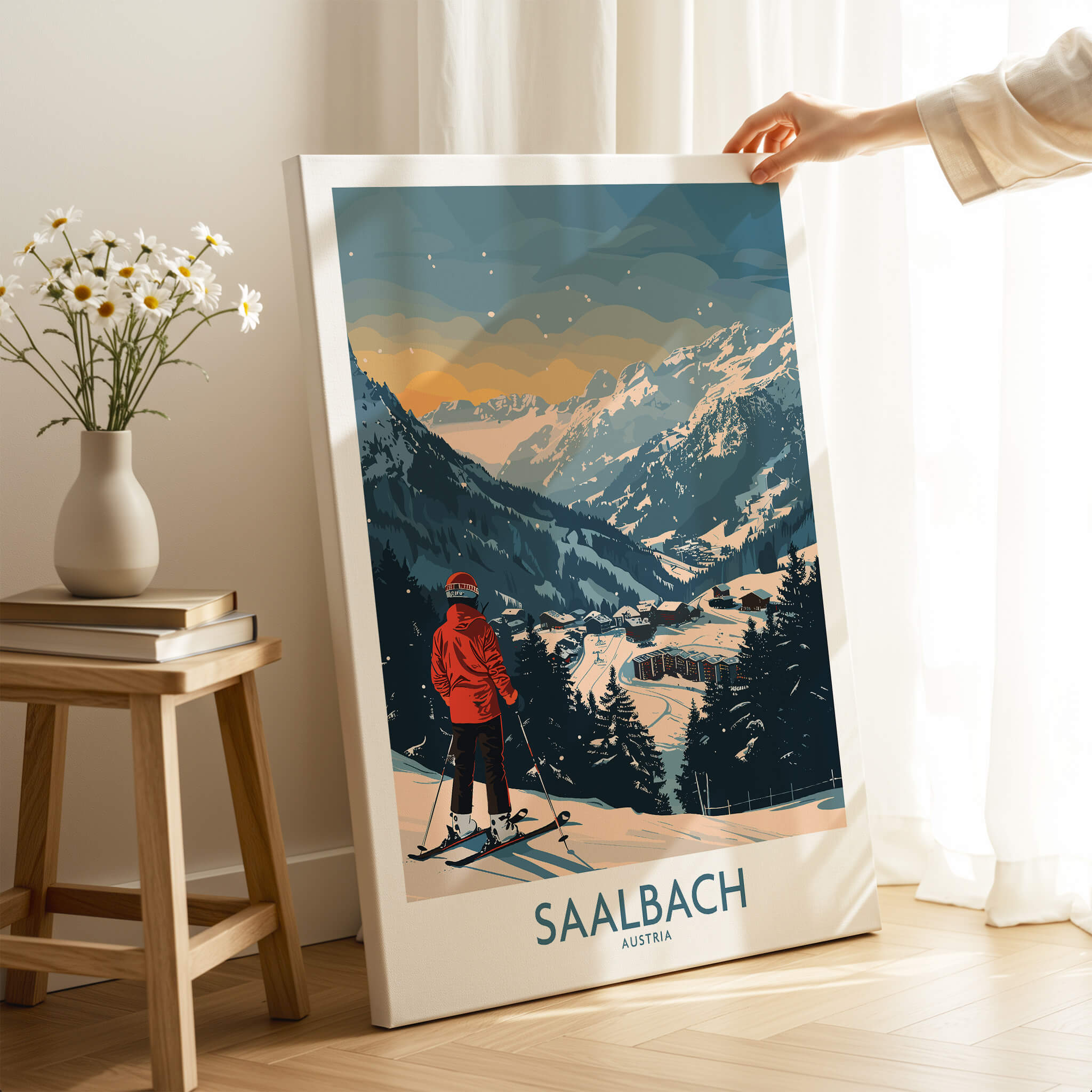 Saalbach Ski Print - Austria featuring a skier in picturesque mountains, perfect for adventure enthusiasts.
