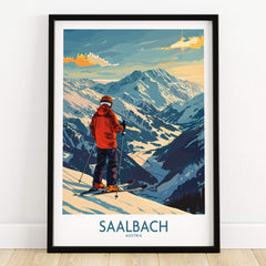 Saalbach Wall Art Ski Print - Austria featuring a skier overlooking the Austrian Alps in vibrant colors.