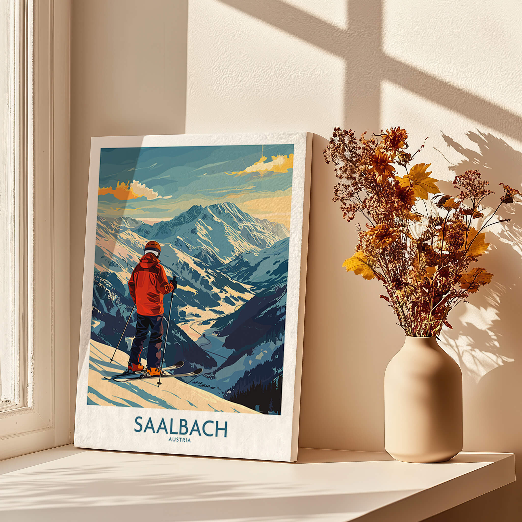Saalbach Wall Art Ski Print - Austria showcasing a skier and picturesque mountains in the Austrian Alps.
