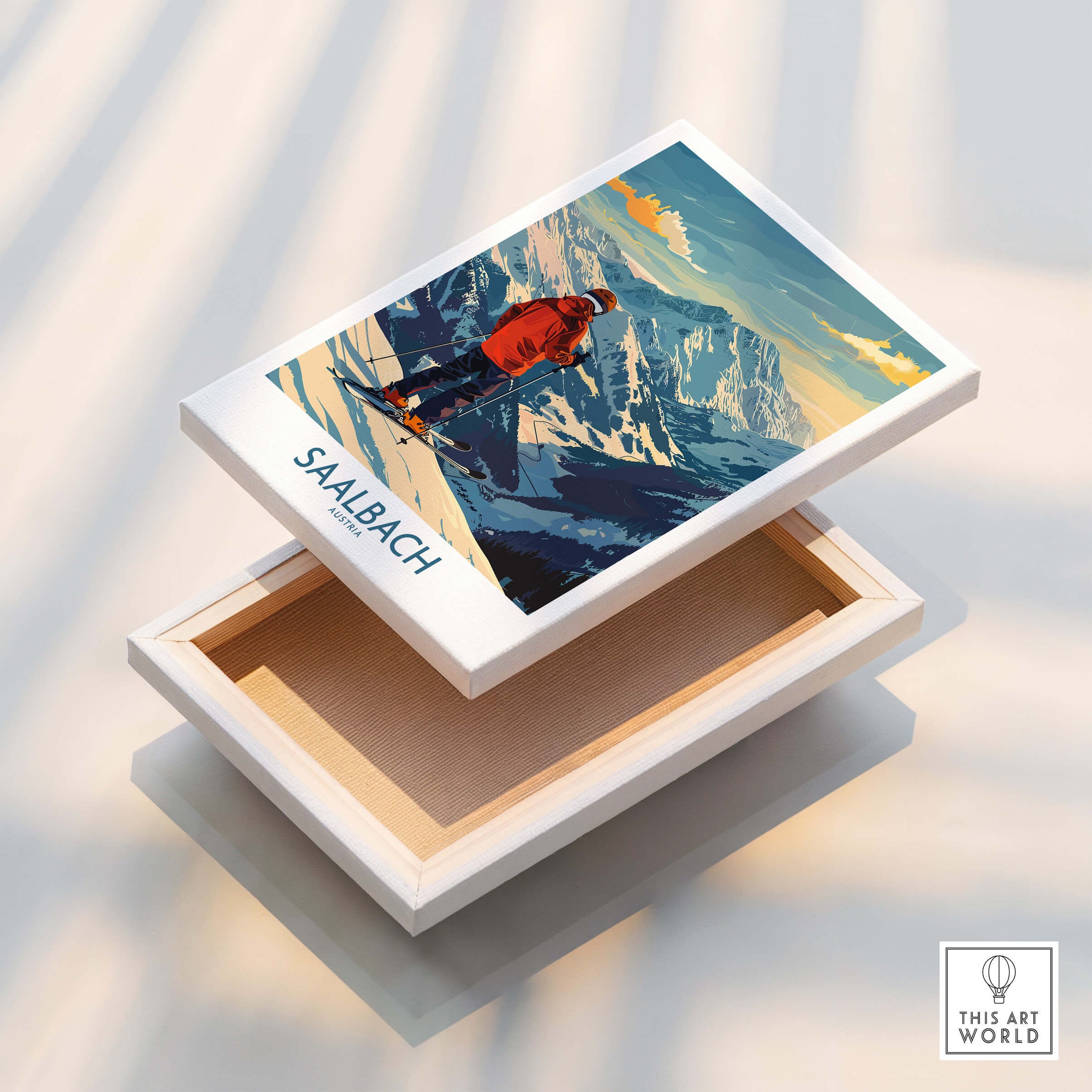 Saalbach Wall Art Ski Print - Austria showcasing a skier and stunning mountain scenery.