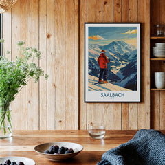 Saalbach Wall Art Ski Print - Austria displayed in a cozy wooden interior, featuring stunning Alpine scenery.