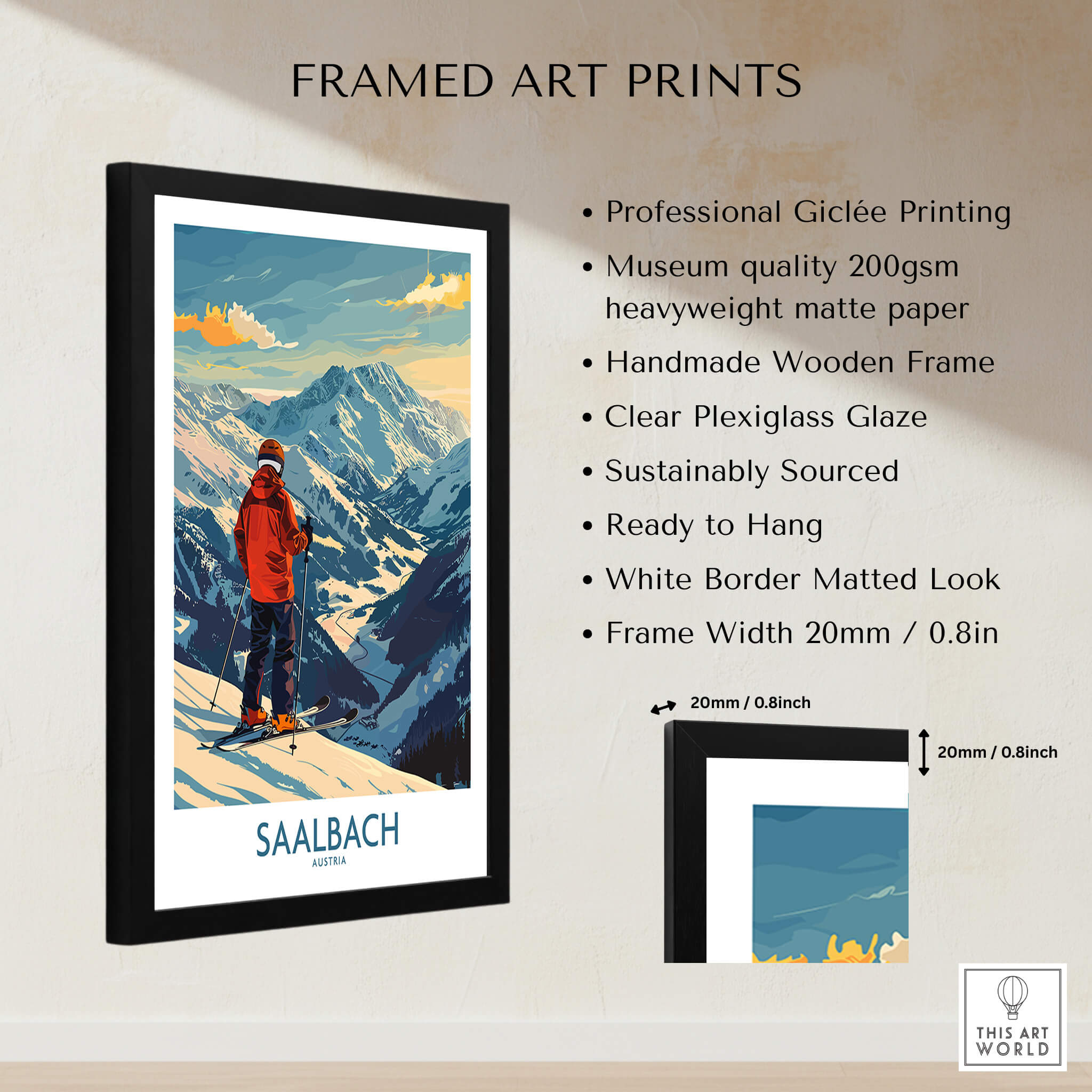 Saalbach Wall Art Ski Print - Austria framed art print showcasing the Austrian Alps, perfect for mountain decor.