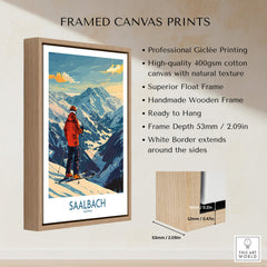 Saalbach Wall Art Ski Print - Austria featuring framed canvas print with vibrant ski scene and natural wood frame.