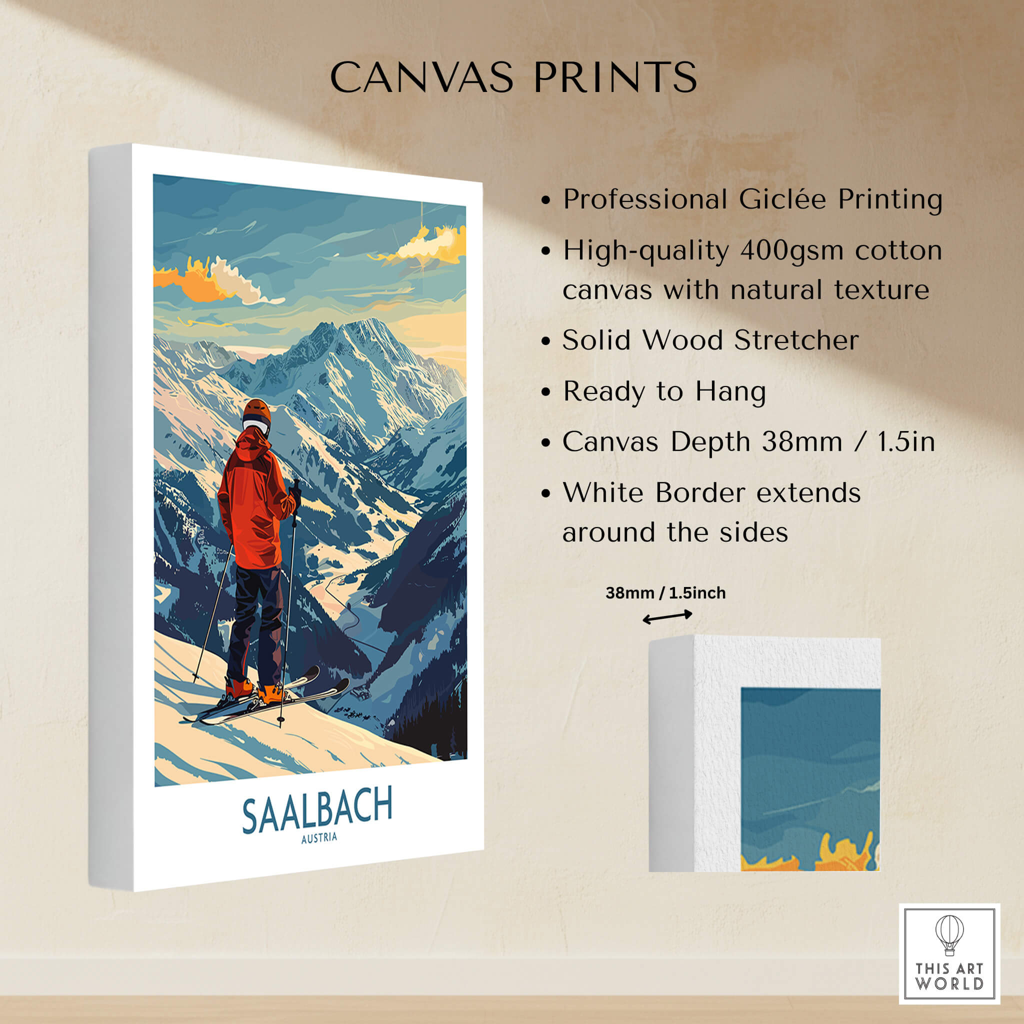 Saalbach Wall Art Ski Print - Austria showcasing professional Giclée printing on canvas with natural texture.