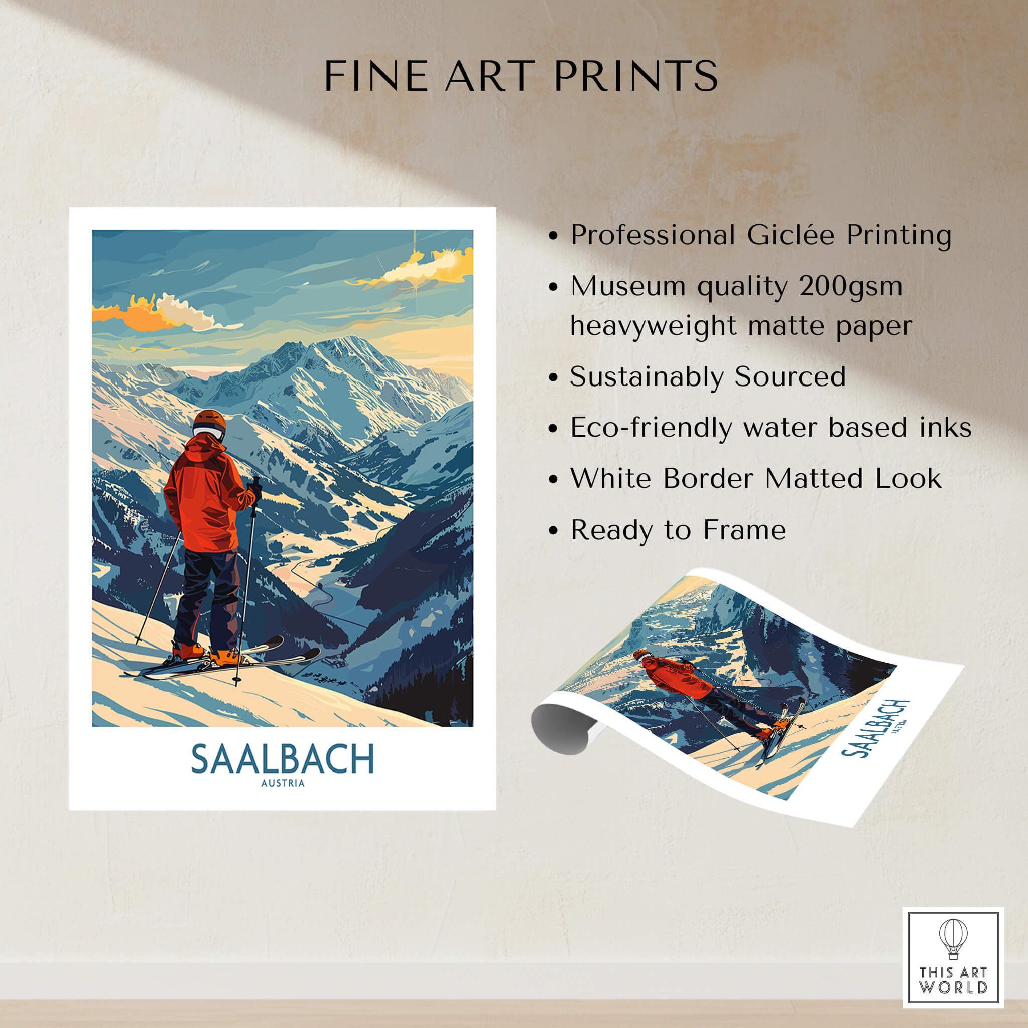 Saalbach Wall Art Ski Print - Austria, showcasing picturesque ski slopes in the Austrian Alps, perfect for ski enthusiasts.