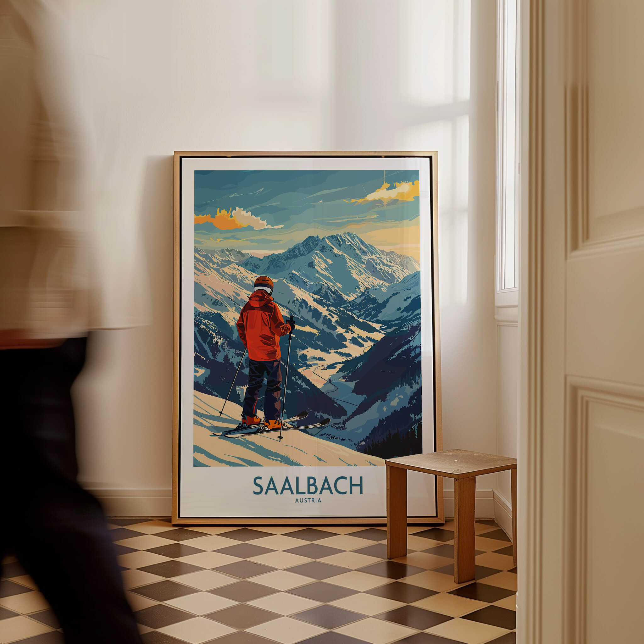 Saalbach Wall Art Ski Print - Austria showcasing a skier on picturesque slopes of the Austrian Alps.