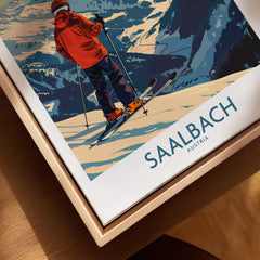 Saalbach Wall Art Ski Print - Austria showcasing a skier on beautiful snowy slopes of Saalbach in the Austrian Alps.