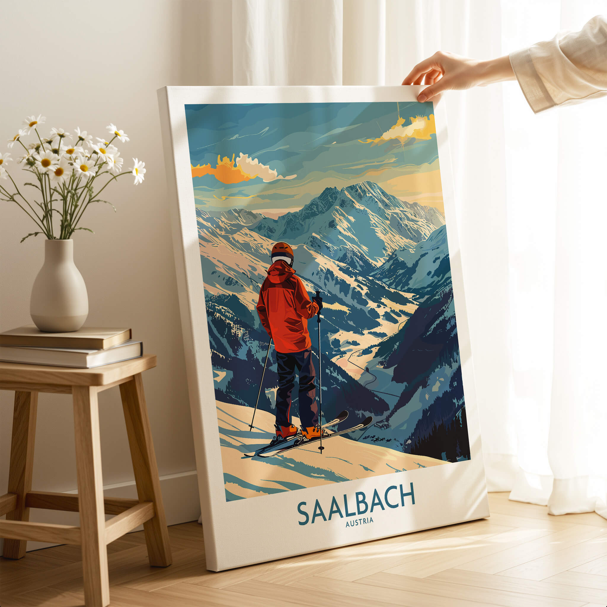 Saalbach Wall Art Ski Print - Austria showcasing a skier in the Austrian Alps, adding adventure to your decor.