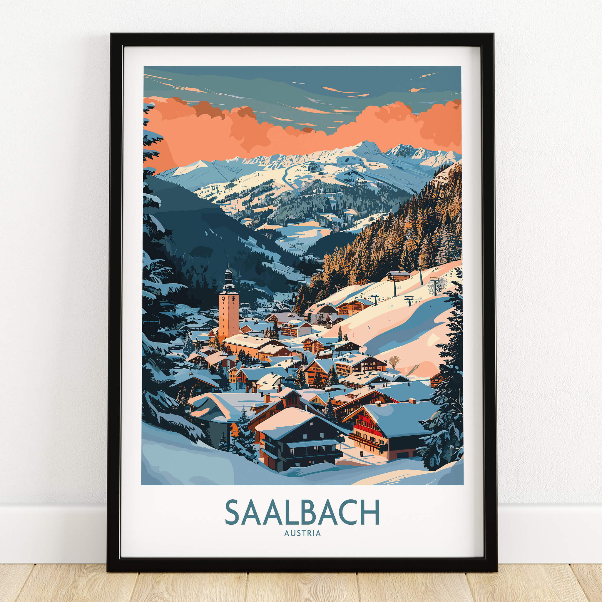 Saalbach Wall Art Poster showcasing a picturesque snowy mountain village in Austria, perfect for winter decor.