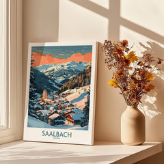 Saalbach Wall Art Poster showcasing a picturesque ski village in a winter landscape, perfect for winter decor.