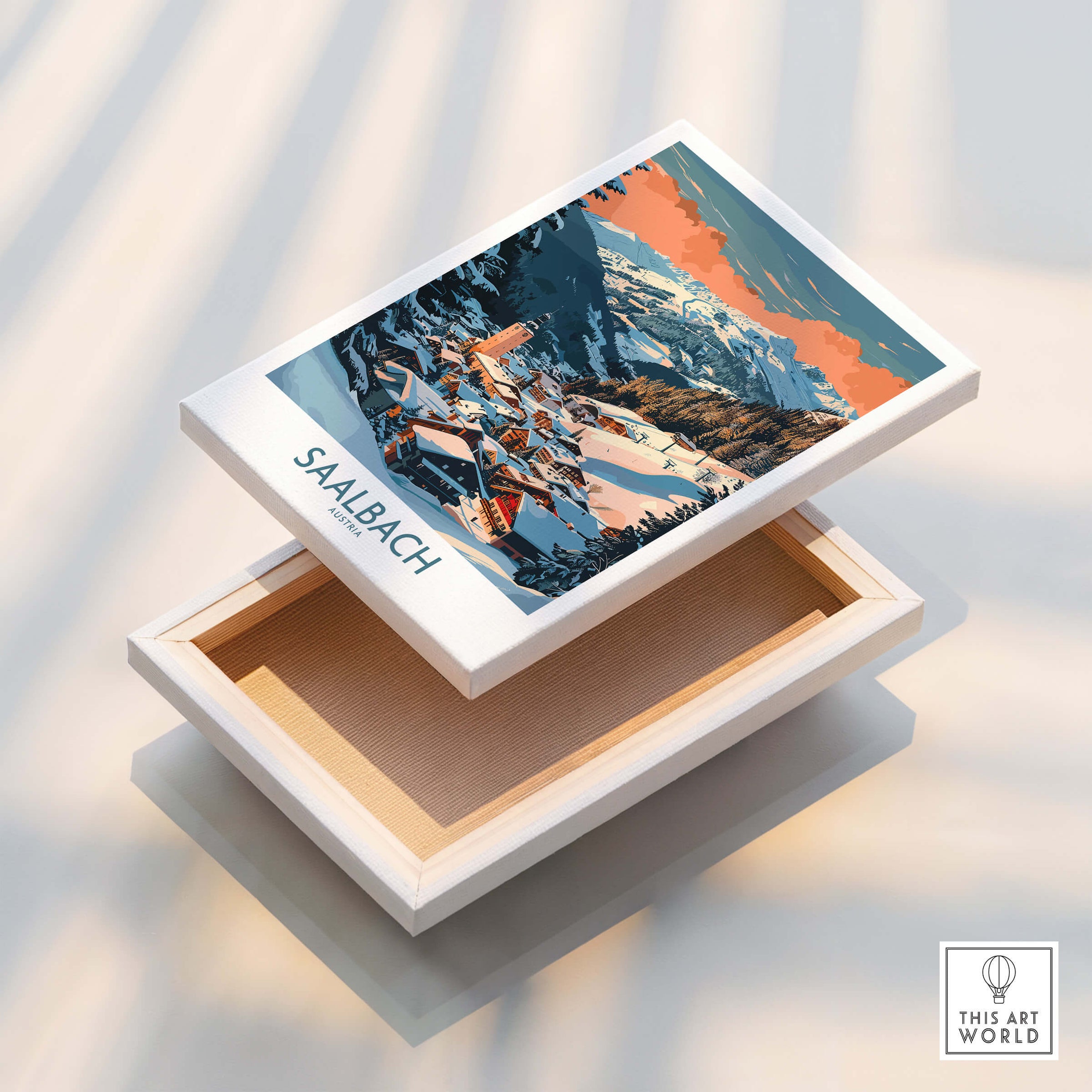 Saalbach Wall Art Poster featuring a stunning ski print, perfect for winter decor and skiing enthusiasts.