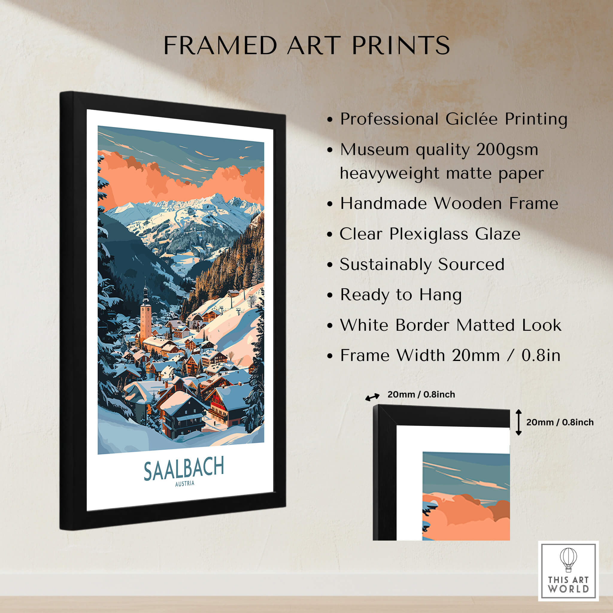 Saalbach Wall Art Poster framed with professional Giclée printing and clear Plexiglass glaze, ready to hang.