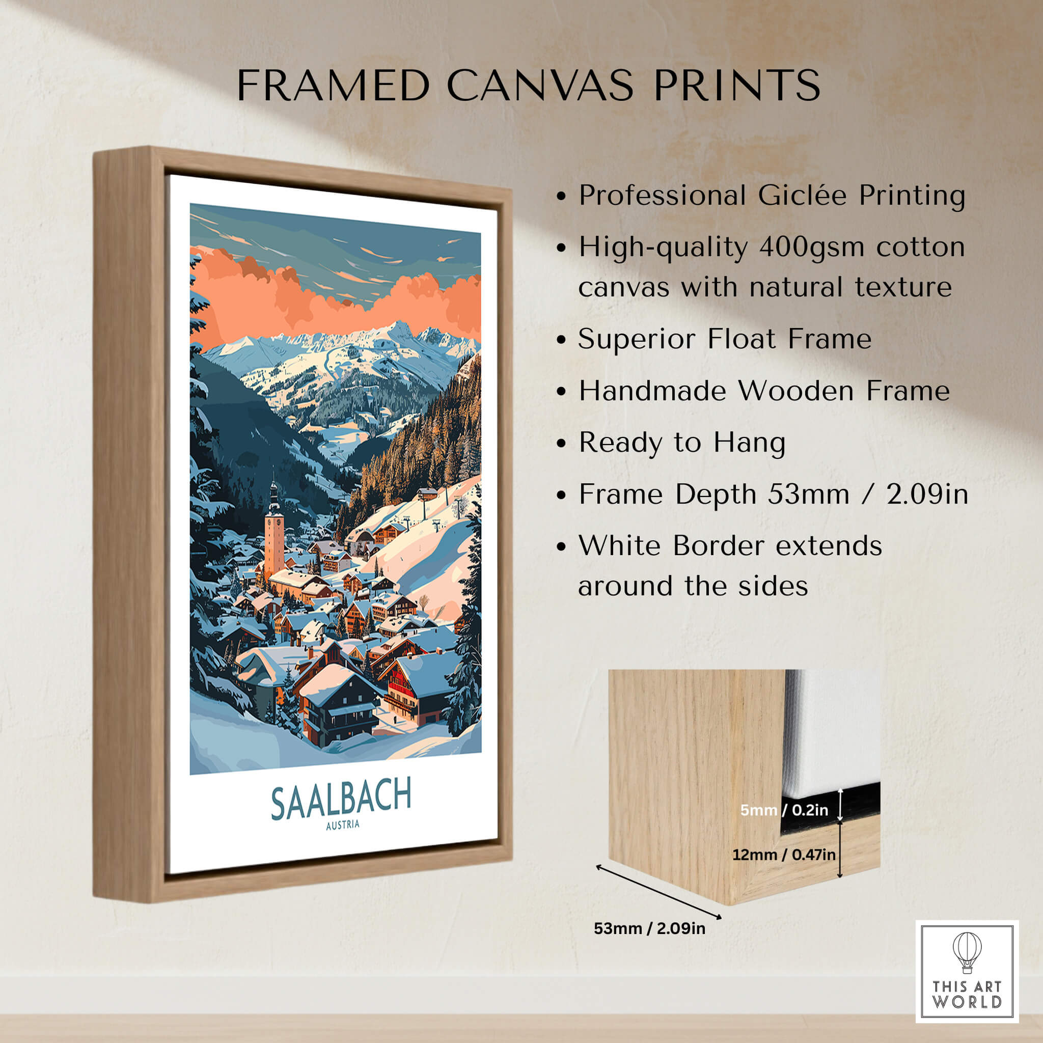 Saalbach Wall Art Poster framed print showcasing stunning ski slopes and mountains, perfect winter decor.