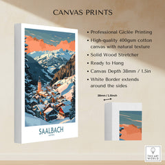 Saalbach Wall Art Poster featuring professional Giclée printing and snowy mountain design, ready to hang.