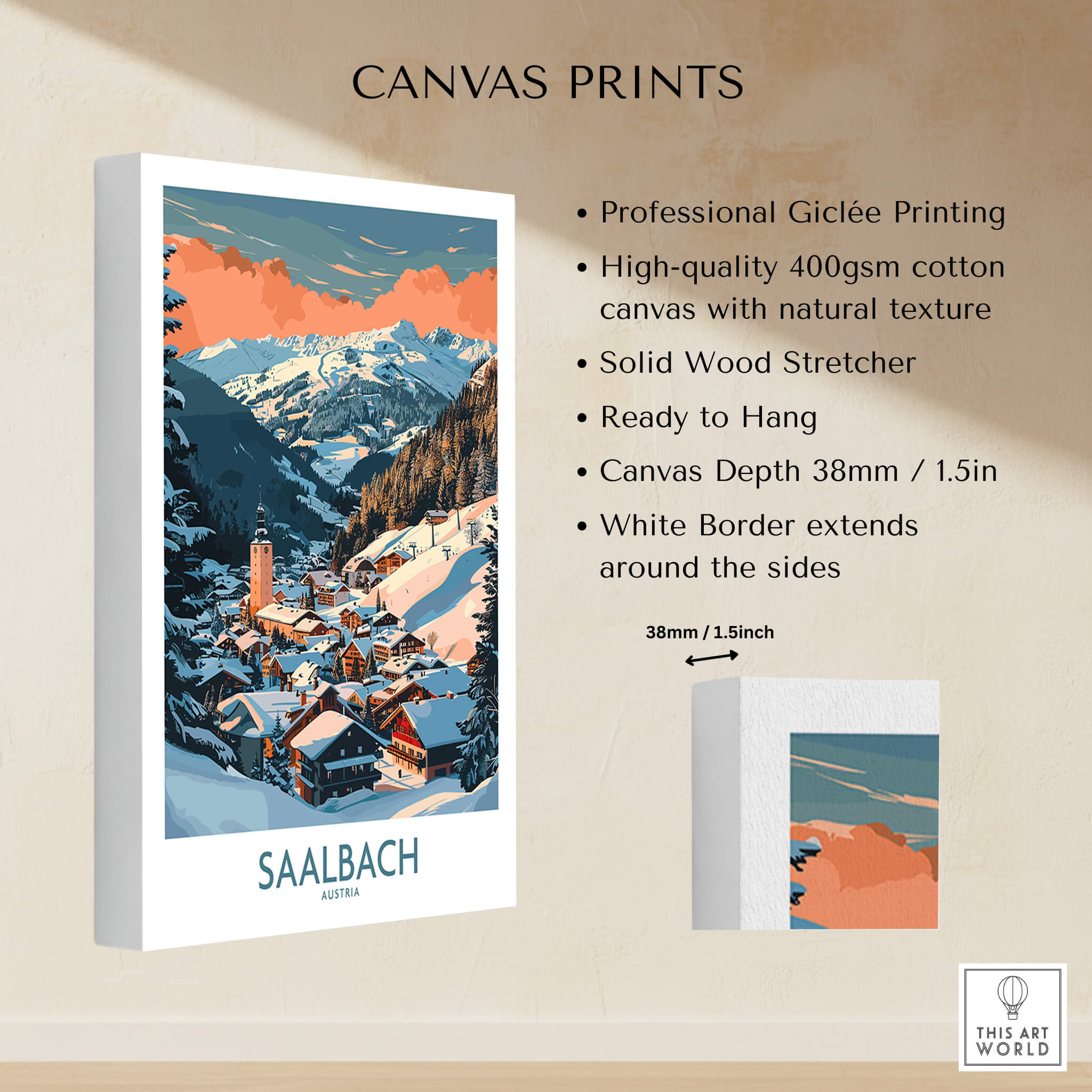 Saalbach Wall Art Poster featuring professional Giclée printing and snowy mountain design, ready to hang.