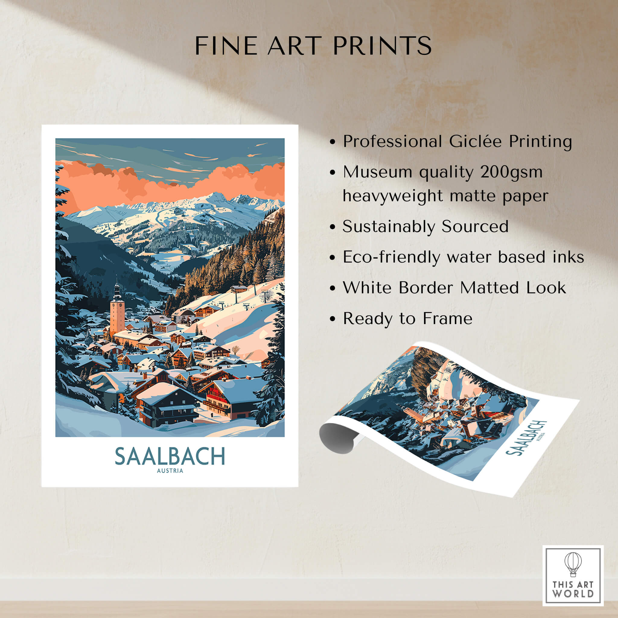 Saalbach Wall Art Poster featuring beautiful ski print and snowy landscape, perfect for winter decor.