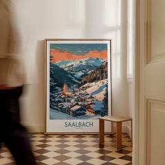 Saalbach Wall Art Poster showcasing a stunning ski print of Saalbach, Austria in a stylish home interior.
