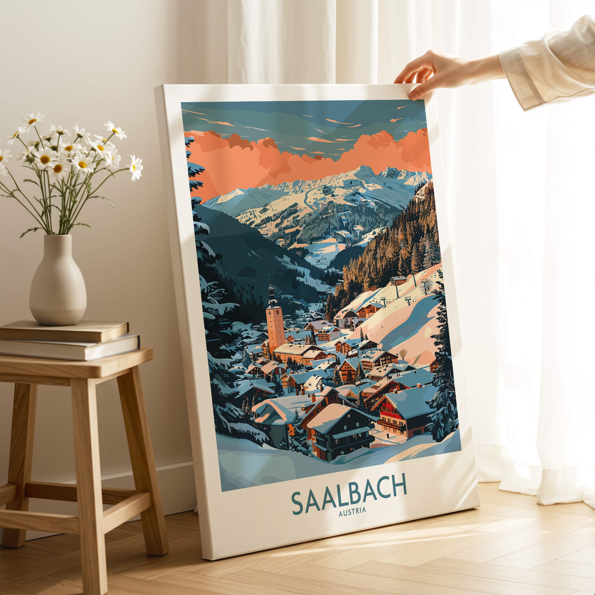 Saalbach Wall Art Poster showcasing stunning ski landscape and village in Austria, perfect for winter decor.