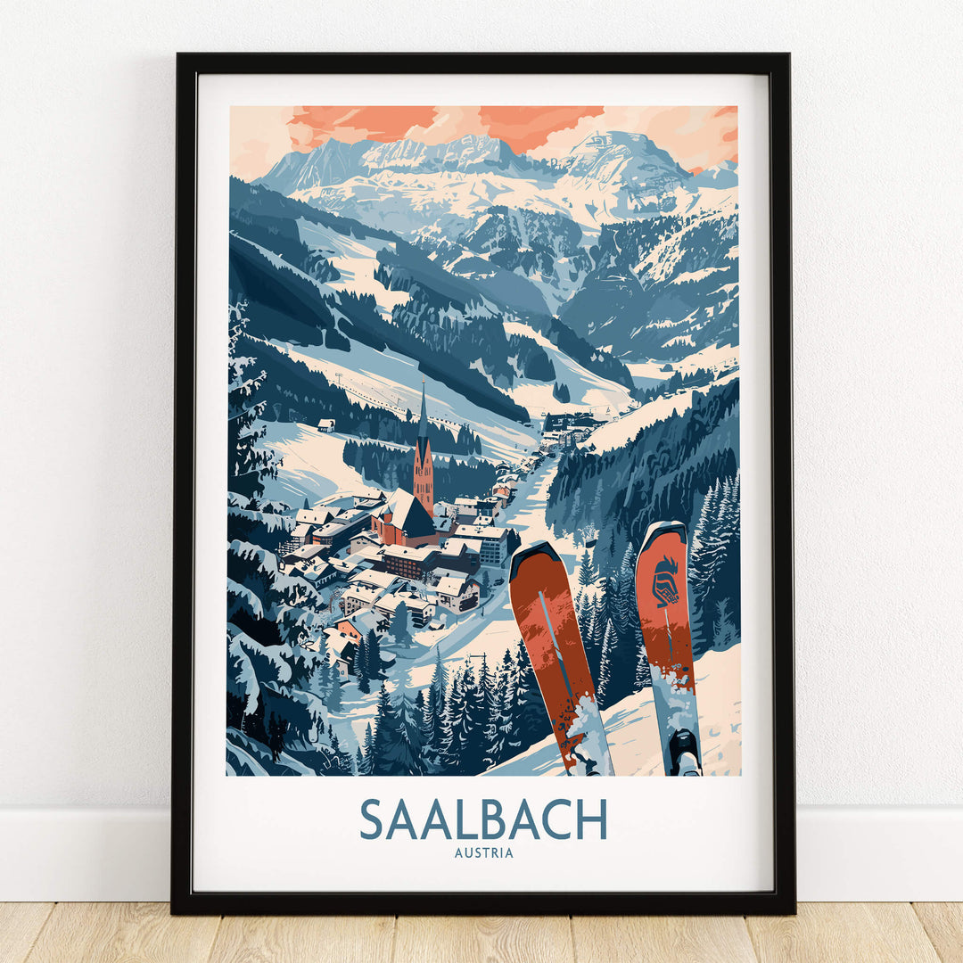 Saalbach Poster Austria featuring stunning ski scenery with mountains and village, perfect for decor.