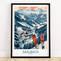 Saalbach Poster Austria featuring stunning ski scenery with mountains and village, perfect for decor.