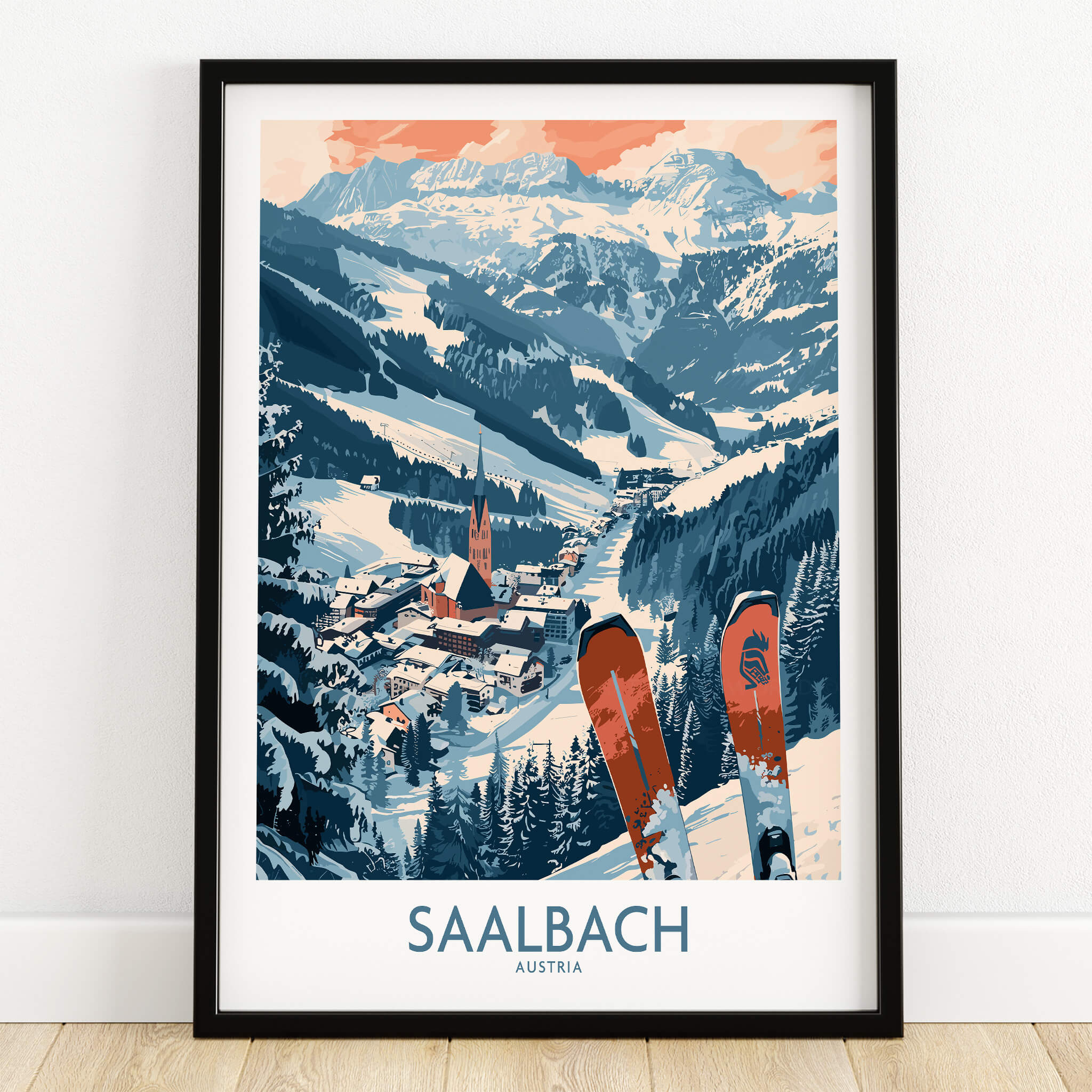 Saalbach Poster Austria featuring stunning ski scenery with mountains and village, perfect for decor.