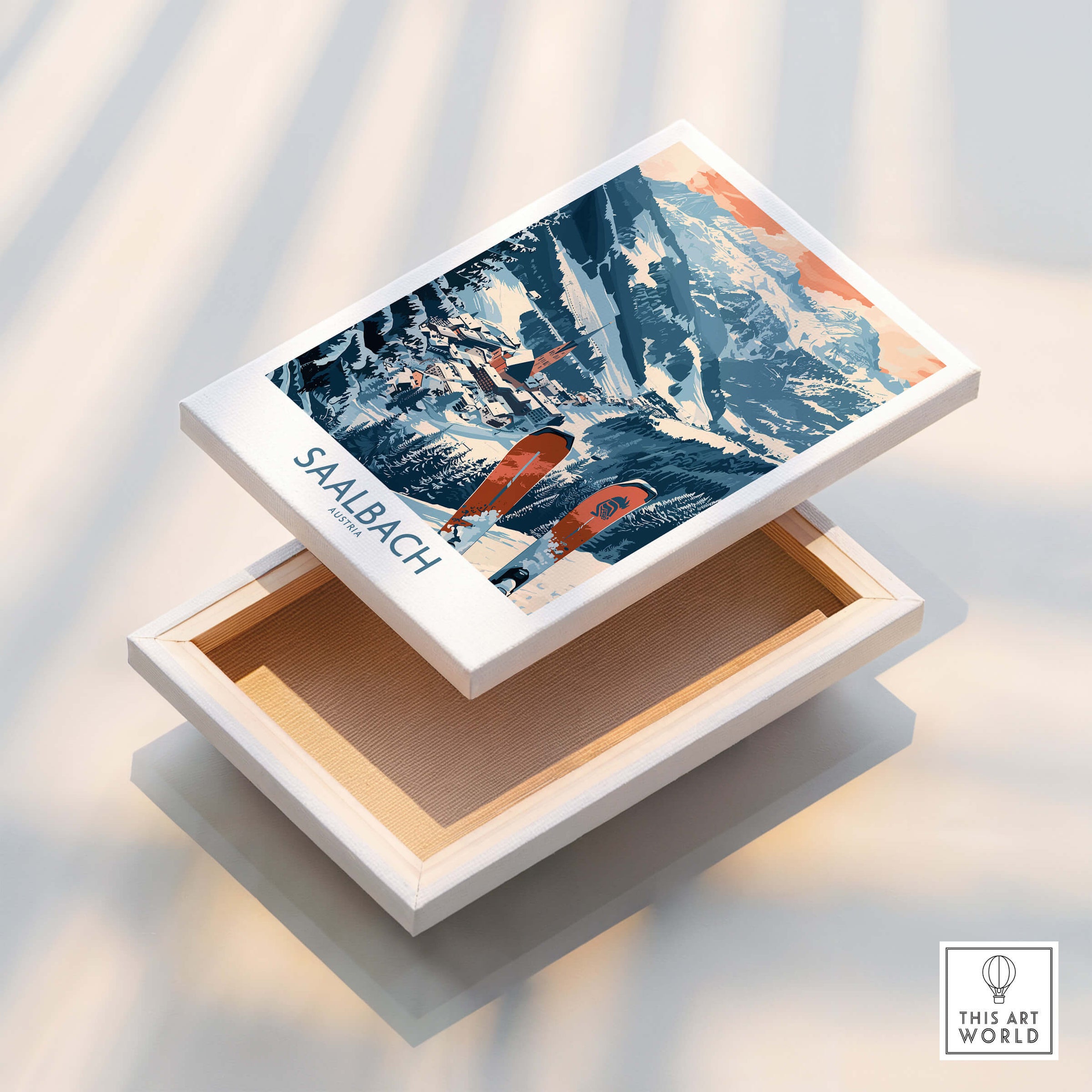 Saalbach Poster Austria featuring a ski scene with mountainous landscape and skis.