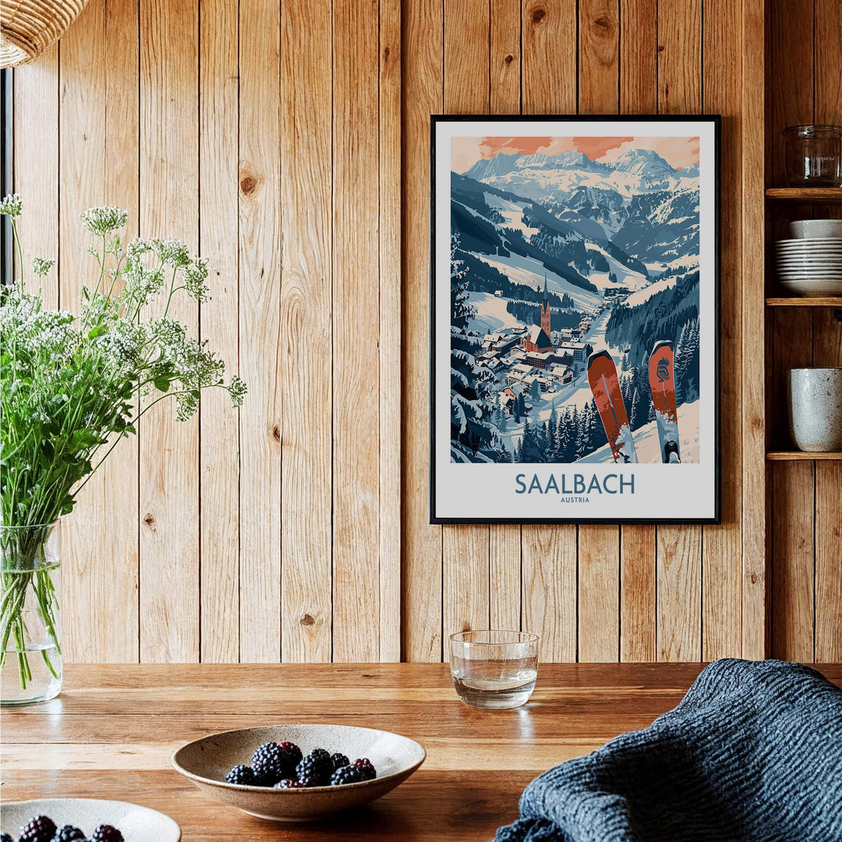 Saalbach Poster Austria displayed in a cozy interior, showcasing stunning winter scenery and ski adventures.