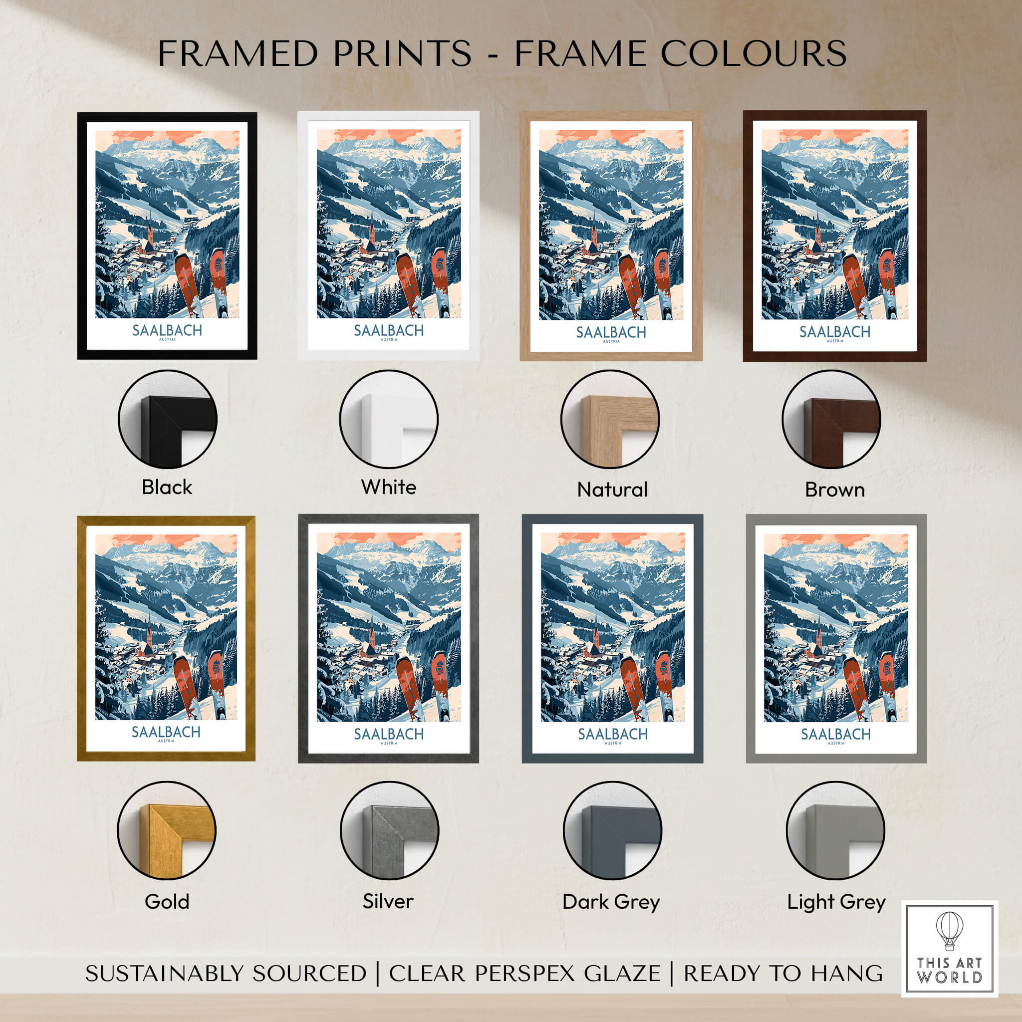 Saalbach Poster Austria framed print color options including black, white, natural, brown, gold, silver, dark grey, light grey.