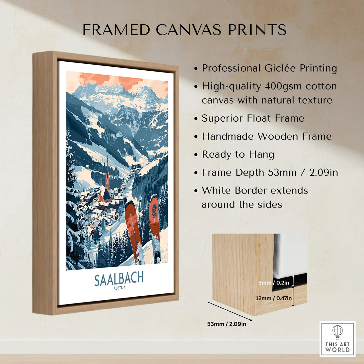 Saalbach Poster Austria framed canvas print showcasing stunning ski scene and high-quality giclée printing.