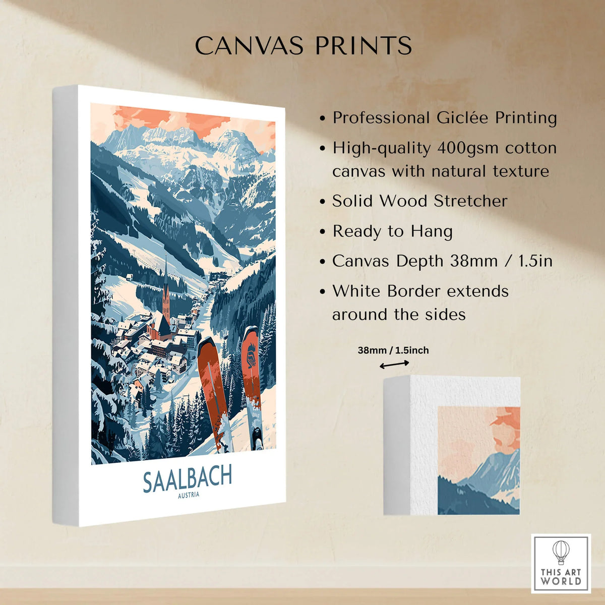 Saalbach Poster Austria canvas print showcasing stunning winter landscape and ski scene in Saalbach, Austria.